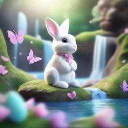 Create a high-quality, highly detailed masterpiece of the Easter Bunny alongside a waterfall, surrounded by fluttering butterflies