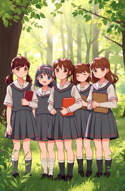 A serene scene inspired by 'Never Let Me Go' by Kazuo Ishiguro, featuring a group of nostalgic, old-school schoolgirls in classic uniforms, standing together with warm, friendly expressions