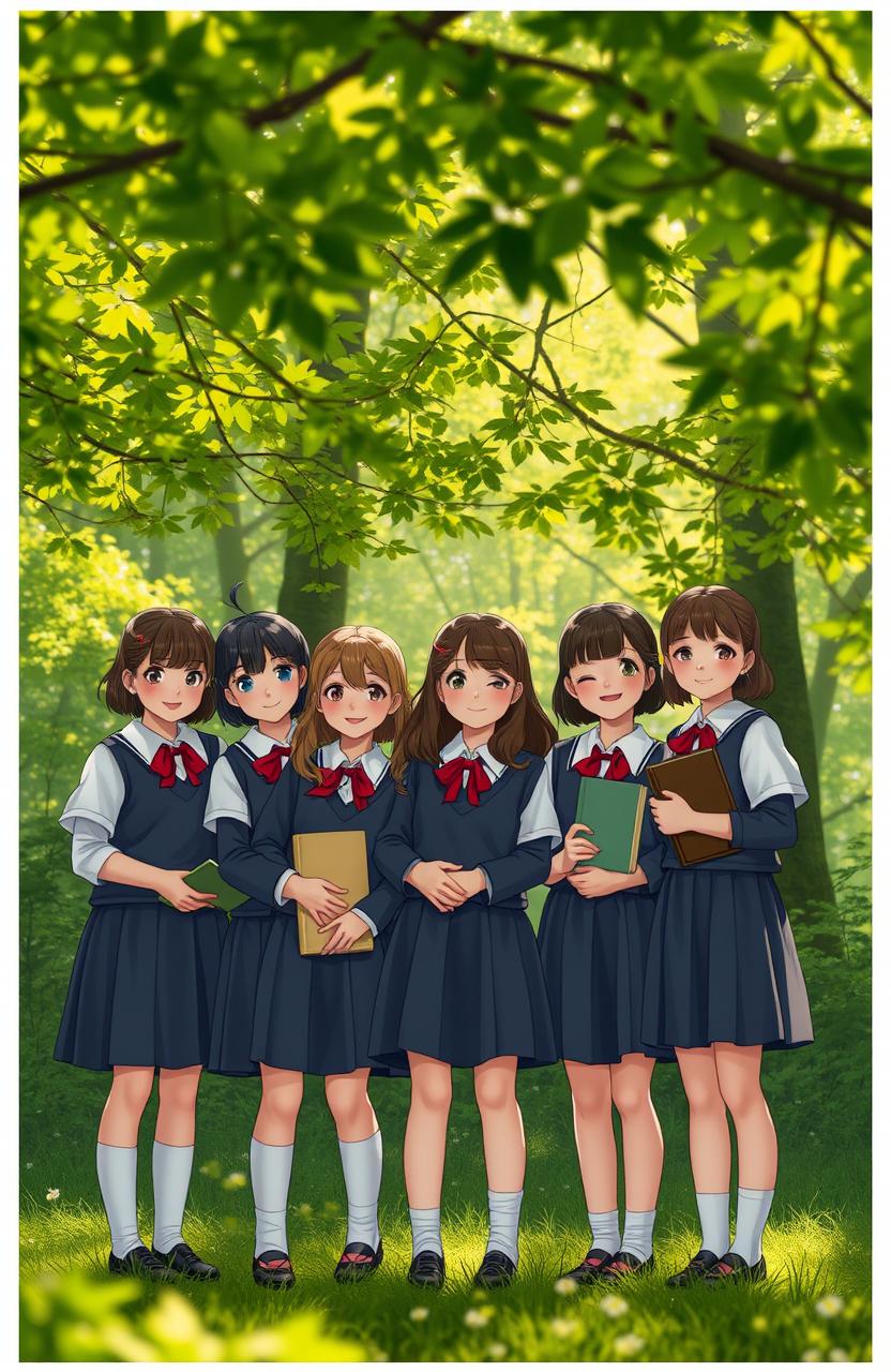 A serene scene inspired by 'Never Let Me Go' by Kazuo Ishiguro, featuring a group of nostalgic, old-school schoolgirls in classic uniforms, standing together with warm, friendly expressions