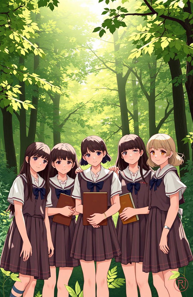 A serene scene inspired by 'Never Let Me Go' by Kazuo Ishiguro, featuring a group of nostalgic, old-school schoolgirls in classic uniforms, standing together with warm, friendly expressions