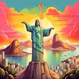 Illustrate a bright and colorful, cartoon-style image of the capital city Rio de Janeiro, prominently featuring the iconic Christ the Redeemer statue and Sugarloaf Mountain.