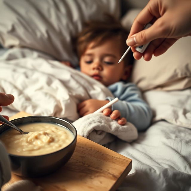 A low angle cinematic shot of a child lying sideways on a bed, appearing sick with a pale expression and closed eyes