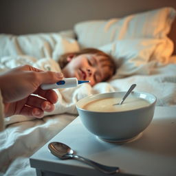 A low angle cinematic shot of a child lying sideways on a bed, appearing sick with a pale expression and closed eyes