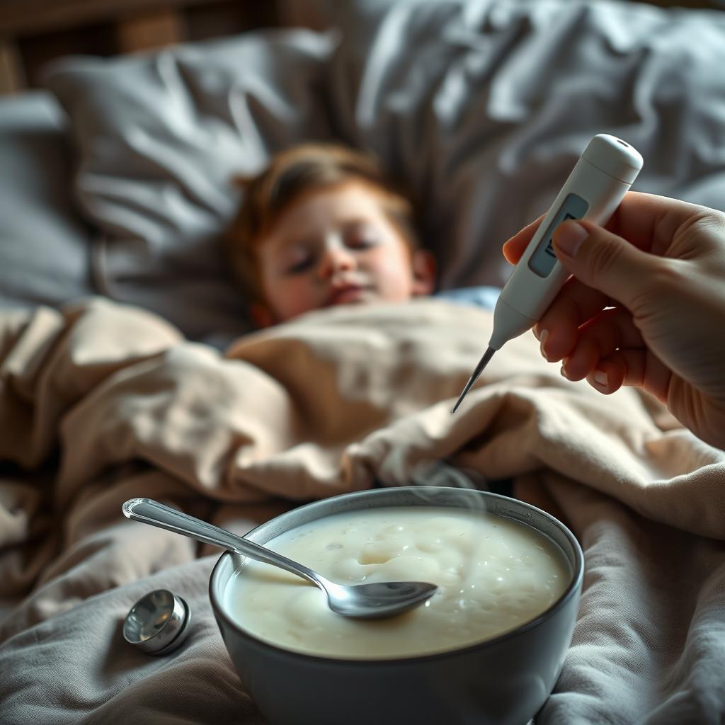 A low angle cinematic shot of a child lying sideways on a bed, appearing sick with a pale expression and closed eyes