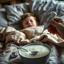 A low angle cinematic shot of a child lying sideways on a bed, appearing sick with a pale expression and closed eyes