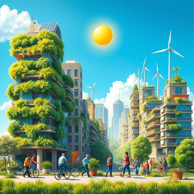 A visually striking book cover depicting a vibrant urban cityscape in a future where global warming has been effectively mitigated