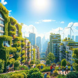A visually striking book cover depicting a vibrant urban cityscape in a future where global warming has been effectively mitigated