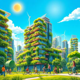 A visually striking book cover depicting a vibrant urban cityscape in a future where global warming has been effectively mitigated