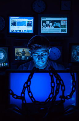 A visually striking and thought-provoking image representing digital addiction and excessive screen time