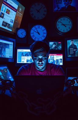 A visually striking and thought-provoking image representing digital addiction and excessive screen time