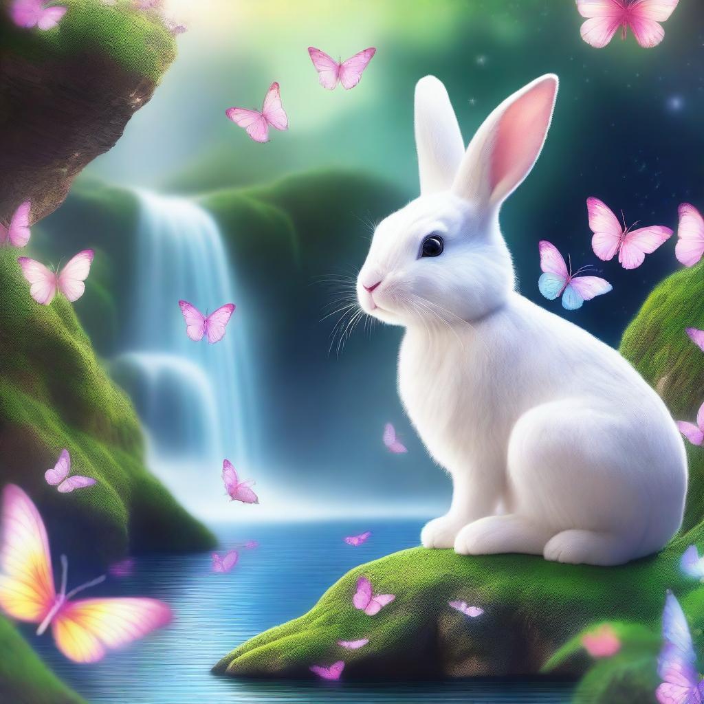 A meticulously detailed, vibrant illustration of the Easter Bunny beside a waterfall, amidst a flurry of butterflies