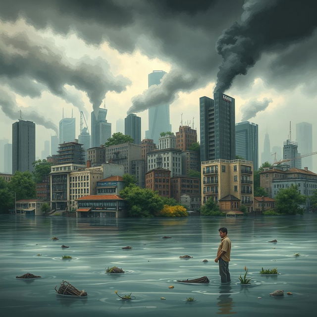 A captivating book cover illustrating the impact of global warming in an urban city