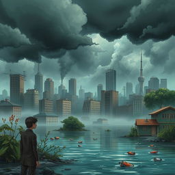 A captivating book cover illustrating the impact of global warming in an urban city