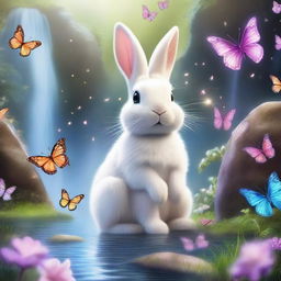 A meticulously detailed, vibrant illustration of the Easter Bunny beside a waterfall, amidst a flurry of butterflies