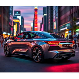A futuristic redesigned LADA 1111, showcasing an aerodynamic shape with sharp angles and a sleek, metallic finish