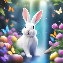 A meticulously detailed, vibrant illustration of the Easter Bunny beside a waterfall, amidst a flurry of butterflies