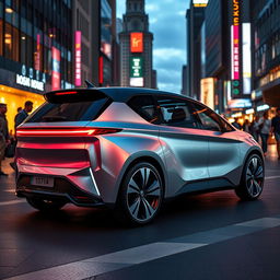 A futuristic redesigned LADA 1111, showcasing an aerodynamic shape with sharp angles and a sleek, metallic finish