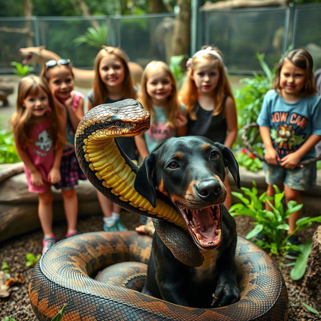 A dramatic scene at a zoo where a large python is devouring a terrified Doberman dog