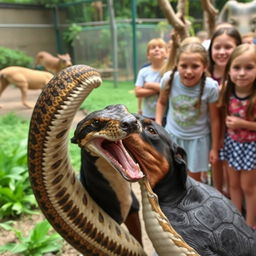 A dramatic scene at a zoo where a large python is devouring a terrified Doberman dog