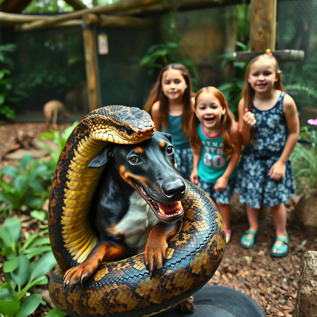A dramatic scene at a zoo where a large python is devouring a terrified Doberman dog