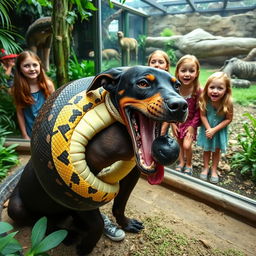 A dramatic scene at a zoo where a large python is devouring a terrified Doberman dog