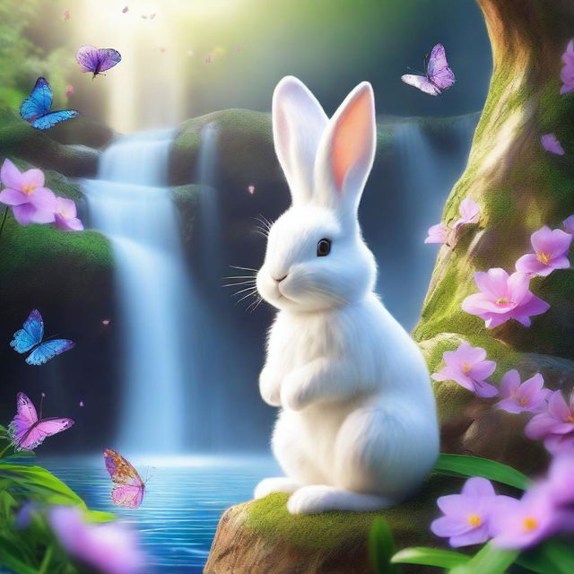 A meticulously detailed, vibrant illustration of the Easter Bunny beside a waterfall, amidst a flurry of butterflies