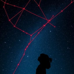A mesmerizing night sky filled with twinkling stars, intertwined with a vivid red string connecting the stars in intricate patterns
