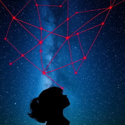A mesmerizing night sky filled with twinkling stars, intertwined with a vivid red string connecting the stars in intricate patterns