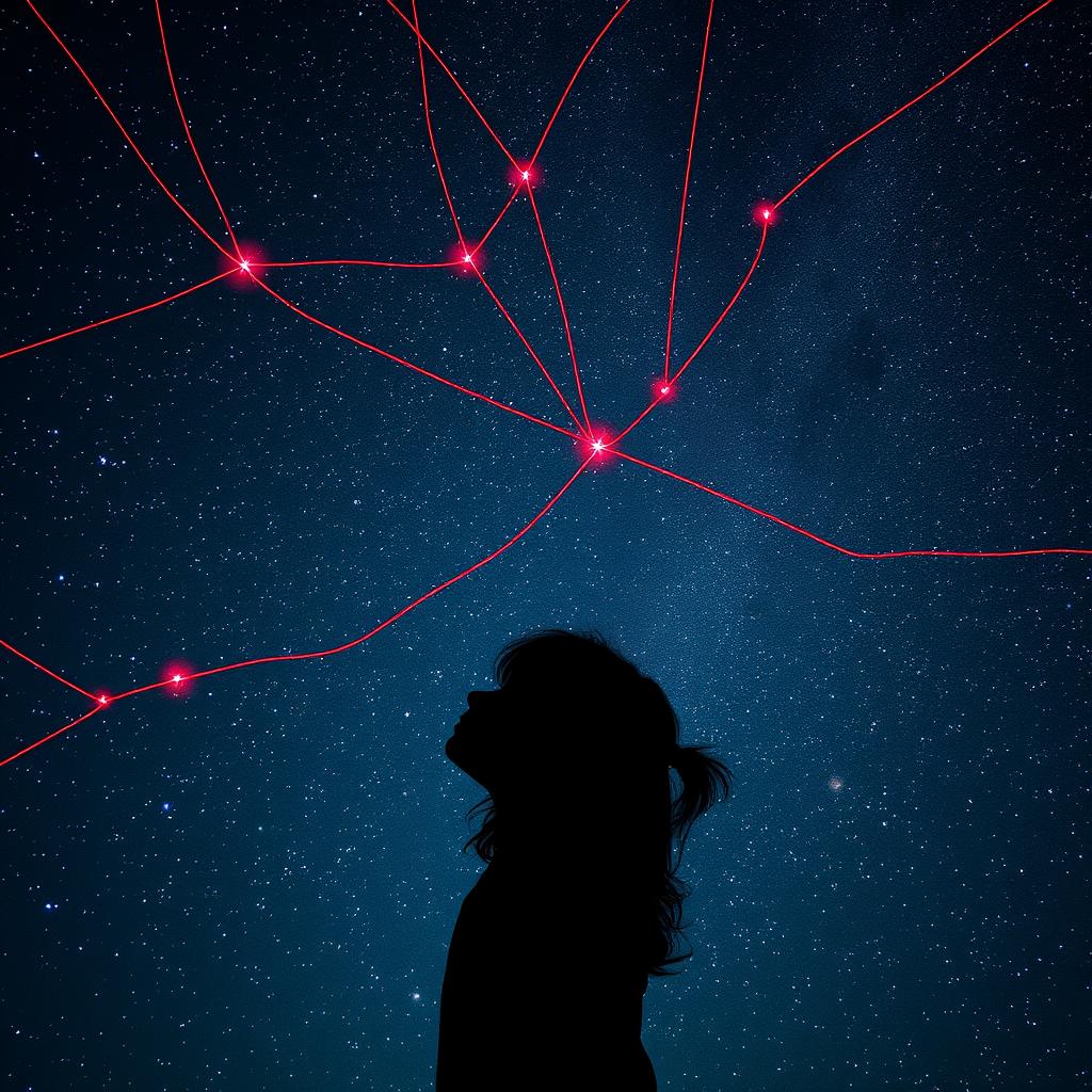 A mesmerizing night sky filled with twinkling stars, intertwined with a vivid red string connecting the stars in intricate patterns