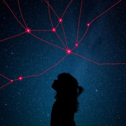 A mesmerizing night sky filled with twinkling stars, intertwined with a vivid red string connecting the stars in intricate patterns