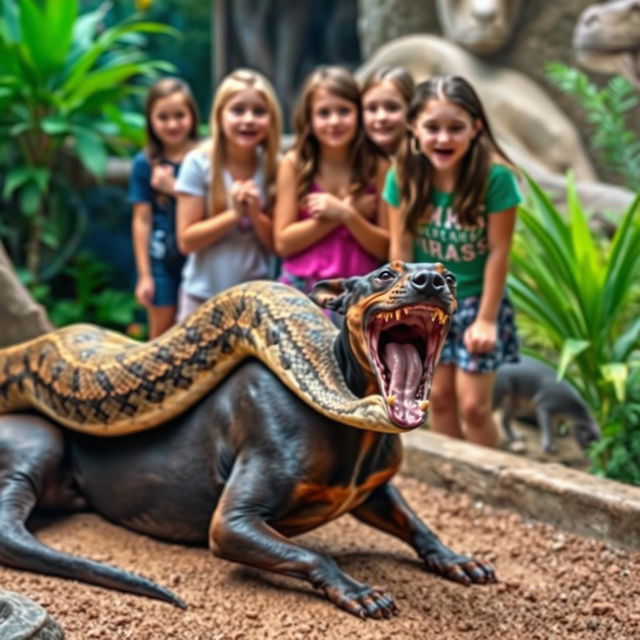 A dramatic scene at a zoo where a large python is devouring a terrified Doberman dog