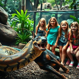 A dramatic scene at a zoo where a large python is devouring a terrified Doberman dog