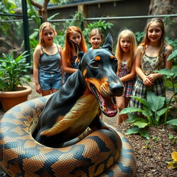A dramatic scene at a zoo where a large python is devouring a terrified Doberman dog