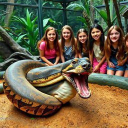 A dramatic scene at a zoo where a large python is devouring a terrified Doberman dog