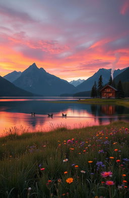 A serene landscape featuring a peaceful lake surrounded by majestic mountains at sunset, with vibrant colors reflecting on the water