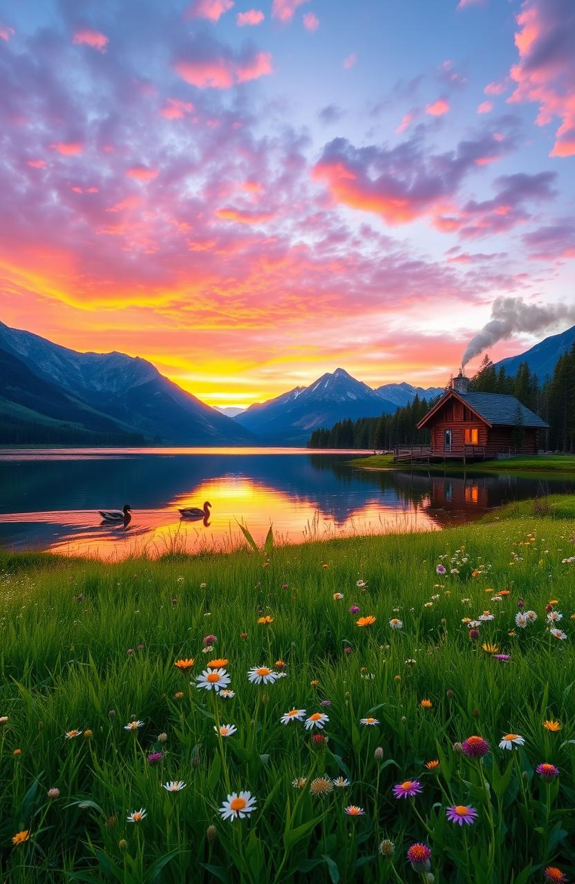 A serene landscape featuring a peaceful lake surrounded by majestic mountains at sunset, with vibrant colors reflecting on the water