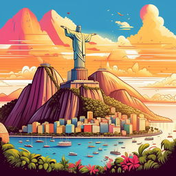 Illustrate a bright and colorful, cartoon-style image of the capital city Rio de Janeiro, prominently featuring the iconic Christ the Redeemer statue and Sugarloaf Mountain.