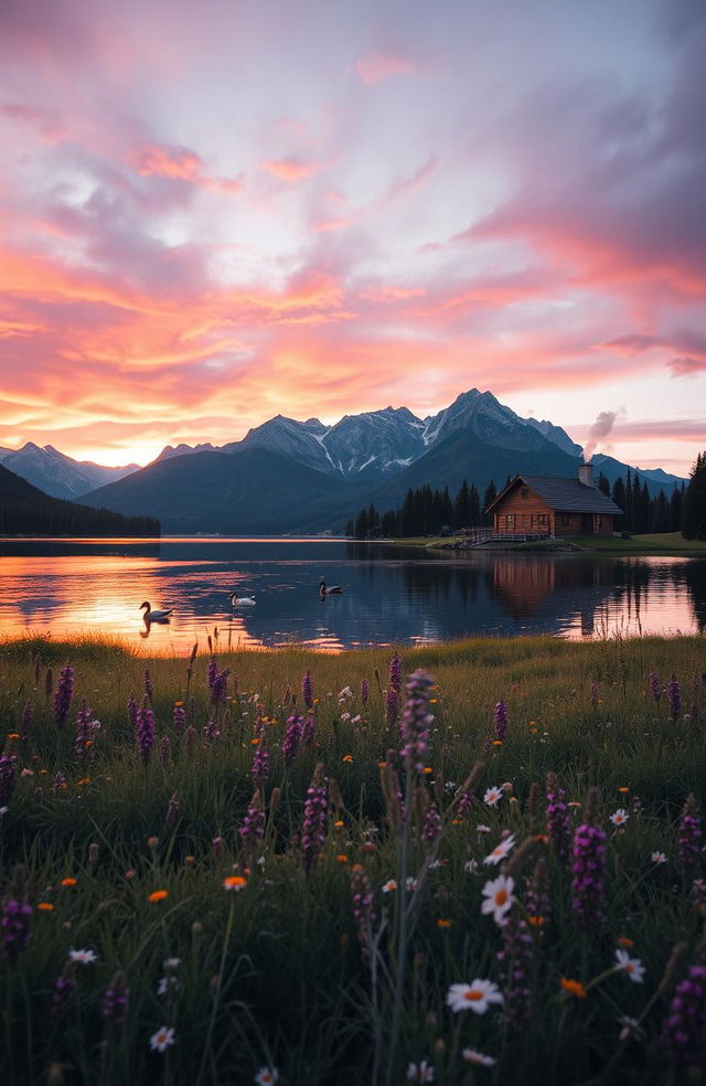 A serene landscape featuring a peaceful lake surrounded by majestic mountains at sunset, with vibrant colors reflecting on the water