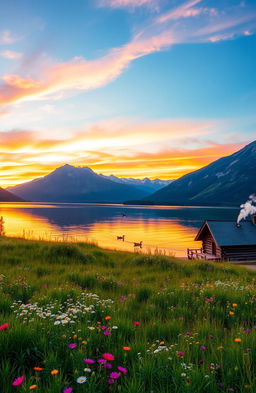A serene landscape featuring a peaceful lake surrounded by majestic mountains at sunset, with vibrant colors reflecting on the water