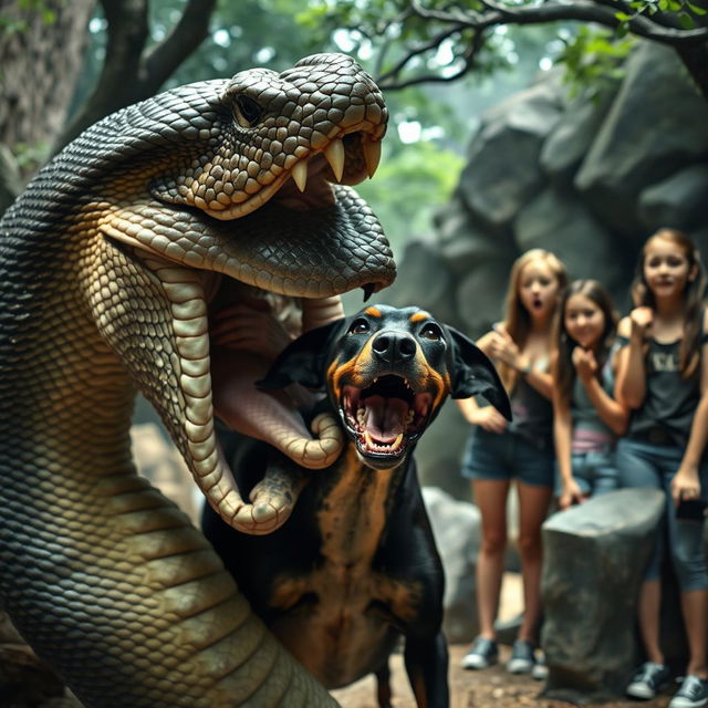 A large, imposing python with intricate scales is depicted in the act of swallowing a terrified Doberman dog, creating a tense and dramatic scene