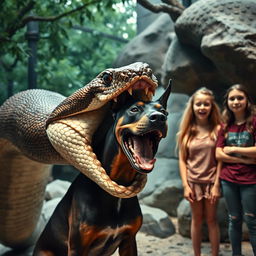 A large, imposing python with intricate scales is depicted in the act of swallowing a terrified Doberman dog, creating a tense and dramatic scene