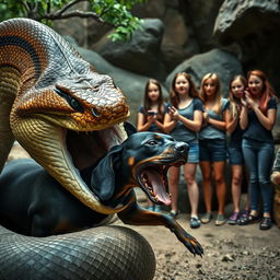 A large, imposing python with intricate scales is depicted in the act of swallowing a terrified Doberman dog, creating a tense and dramatic scene