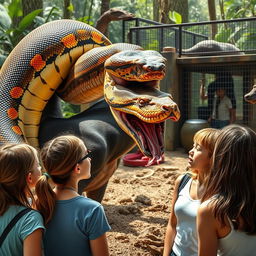 A realistic depiction of a large python coiling around and swallowing a terrified Doberman alive in a zoo exhibit