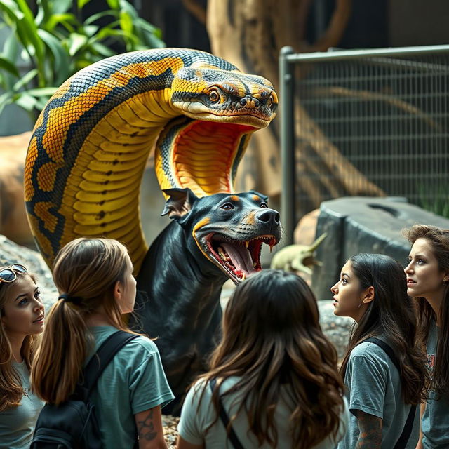 A realistic depiction of a large python coiling around and swallowing a terrified Doberman alive in a zoo exhibit