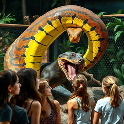 A realistic depiction of a large python coiling around and swallowing a terrified Doberman alive in a zoo exhibit