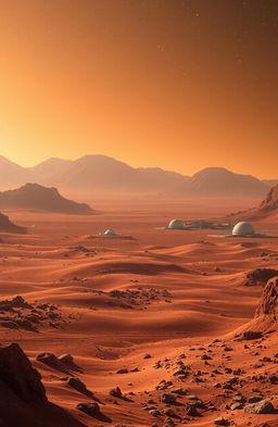 A stunning and futuristic landscape of Mars' Elysium Planitia, showcasing the expansive red plains and striking volcanic features