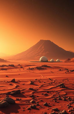 A stunning and futuristic landscape of Mars' Elysium Planitia, showcasing the expansive red plains and striking volcanic features