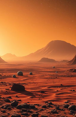 A stunning and futuristic landscape of Mars' Elysium Planitia, showcasing the expansive red plains and striking volcanic features