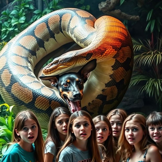 A captivating and intense scene of a large python coiling around and swallowing a terrified Doberman alive within a zoo exhibit