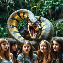 A captivating and intense scene of a large python coiling around and swallowing a terrified Doberman alive within a zoo exhibit